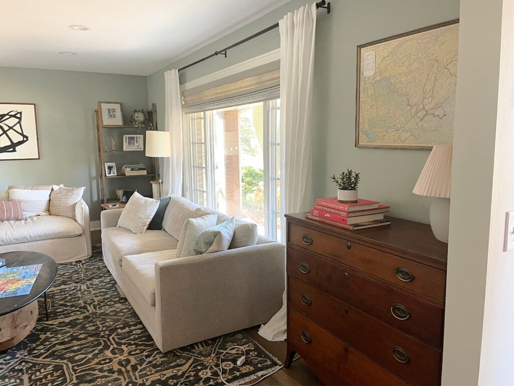 Benjamin Moore Imperial Gray, wood dresser, neutral sofa, drapes, home decor, best blue green gray blend paint color