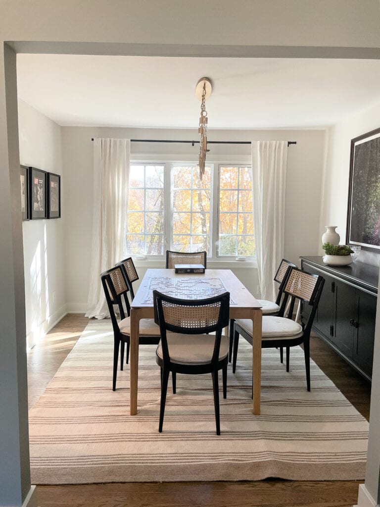 Benjamin Moore Silver Satin, best warm gray paint colour, dining room black furniture, Kylie M Edesign client photo