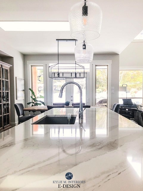 Cambria Brittanica Warm quartz countertop, Wayfair clear glass pendant lights. Kylie M Interiors Edesign