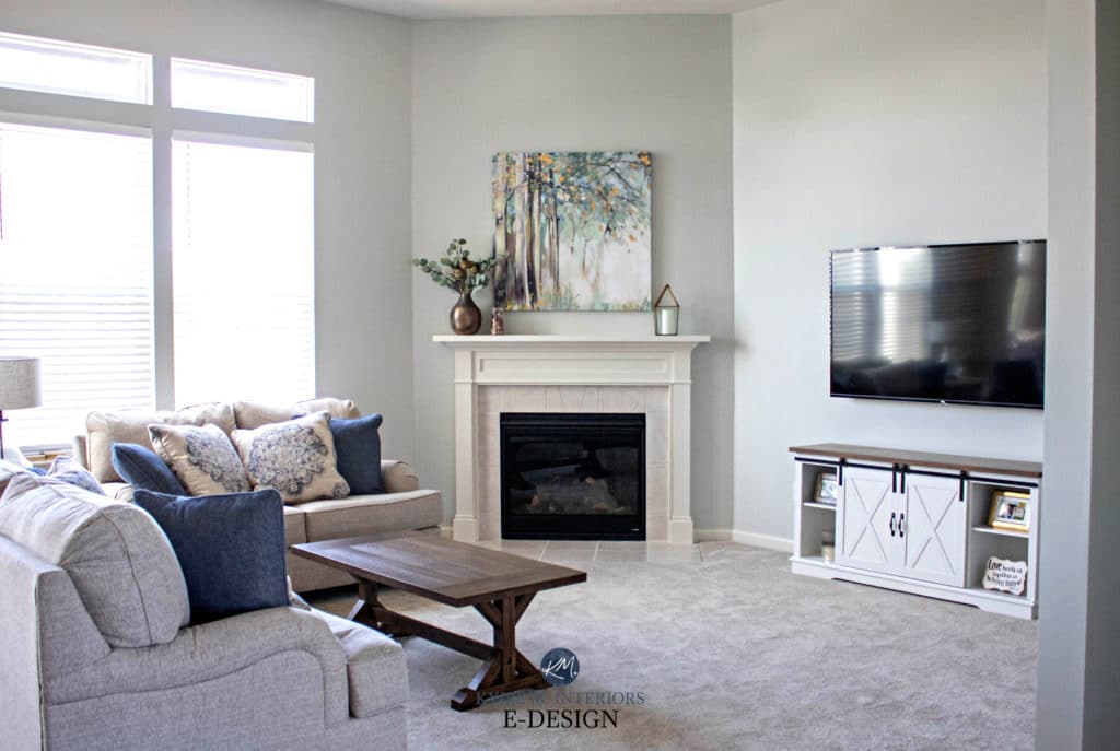 Corner fireplace ideas. Sherwin Williams Lattice and Natural Choice trim. Kylie M Interiors edesign, online paint color advice