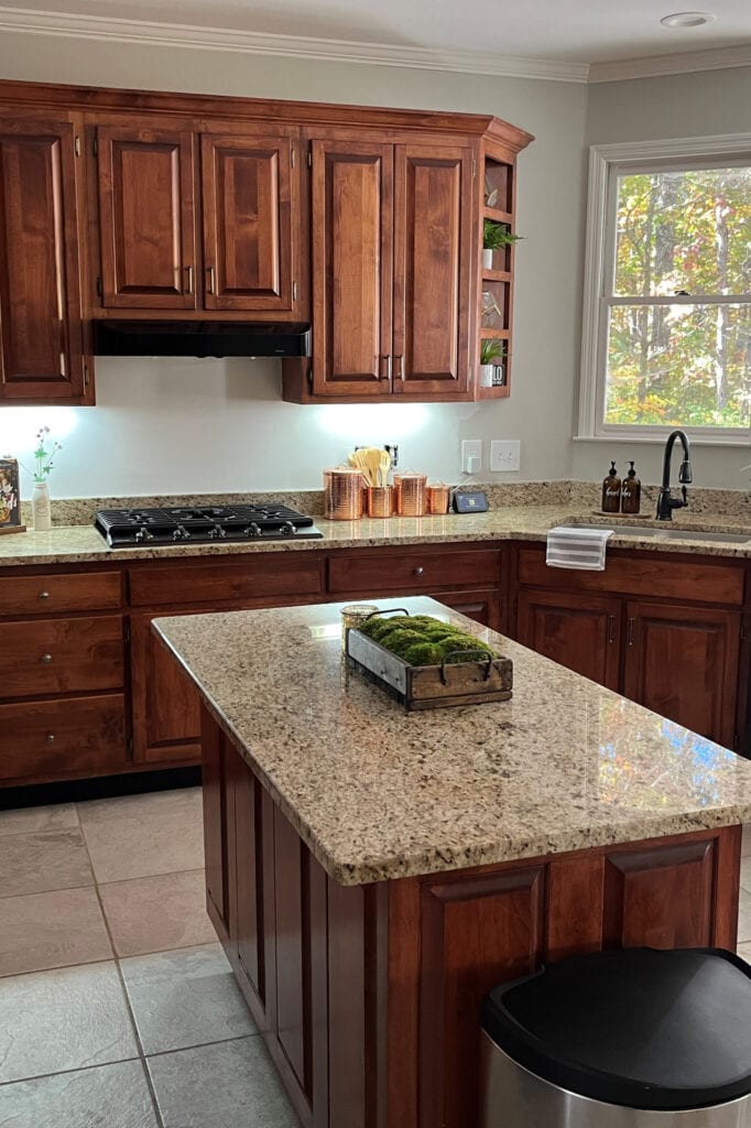 Granite countertop, similar Venetian St Cecilia, cherry wood cabinets, Repose Gray paint color on walls too gray. Kylie M Edesign