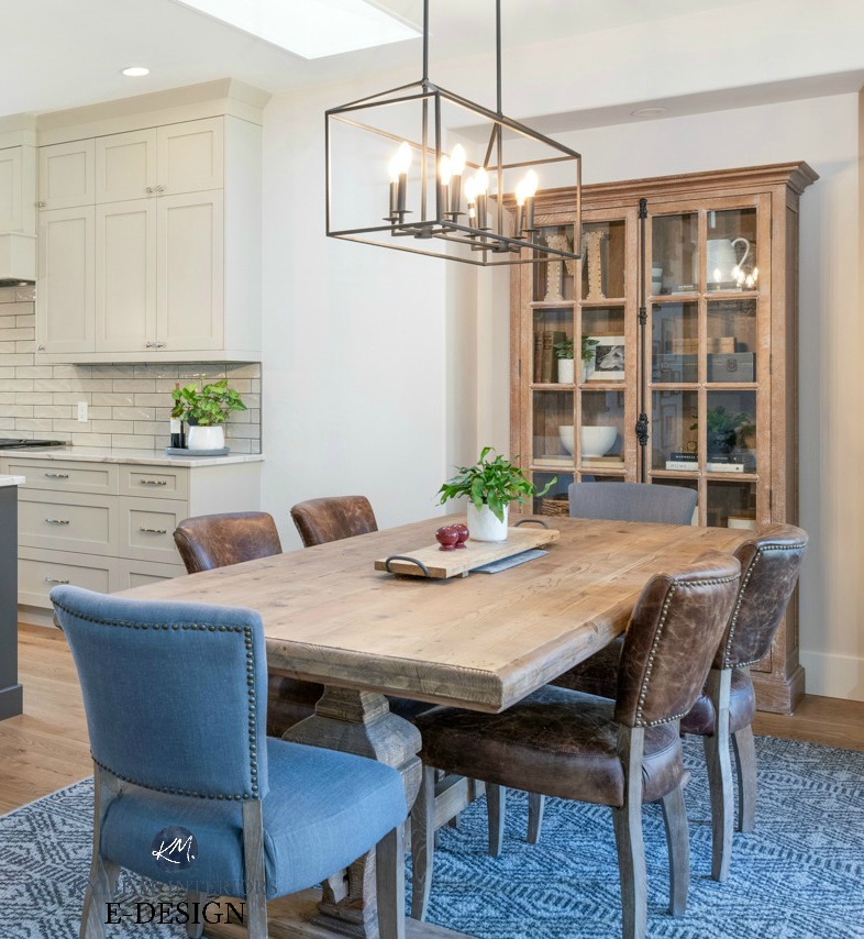 Modern farmhouse open layout kitchen and dining room. Edgecomb Gray paint colour, wood table, cabinets, black chandelier. Kylie M INteriors Edesign, online paint color consultant, advice blog