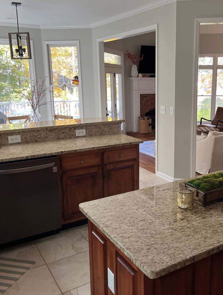 Sherwin Williams Repose Gray, kitchen with red wood cabinets, St. Cecilia granite similar to Venetian Gold - Repose too gray