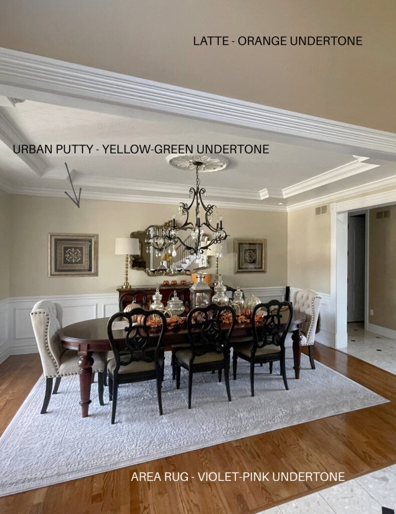 Sherwin Williams Urban Putty in dining room, Latte, undertones not matching, formal furniture, Kylie M Edesign
