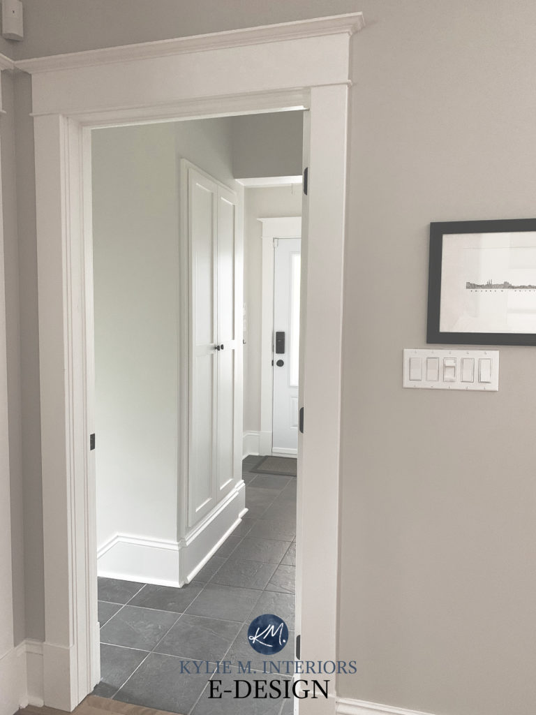 Popular warm white paint colour. Benjamin Moore Simply White , Collingwood gray walls, oak flooring, Kylie M Interiors Edesign, 