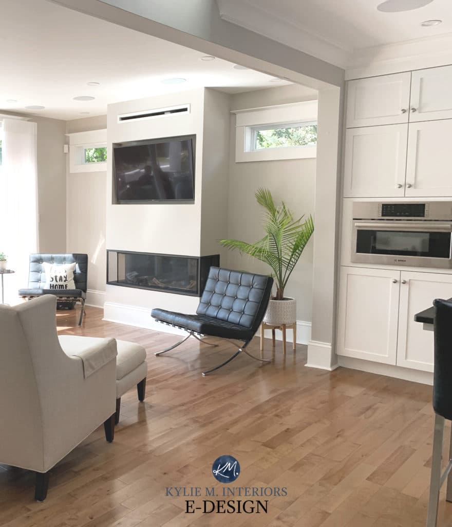 Benjamin Moore Simply White cabinets , Collingwood gray walls, oak flooring, Kylie M Interiors Edesign