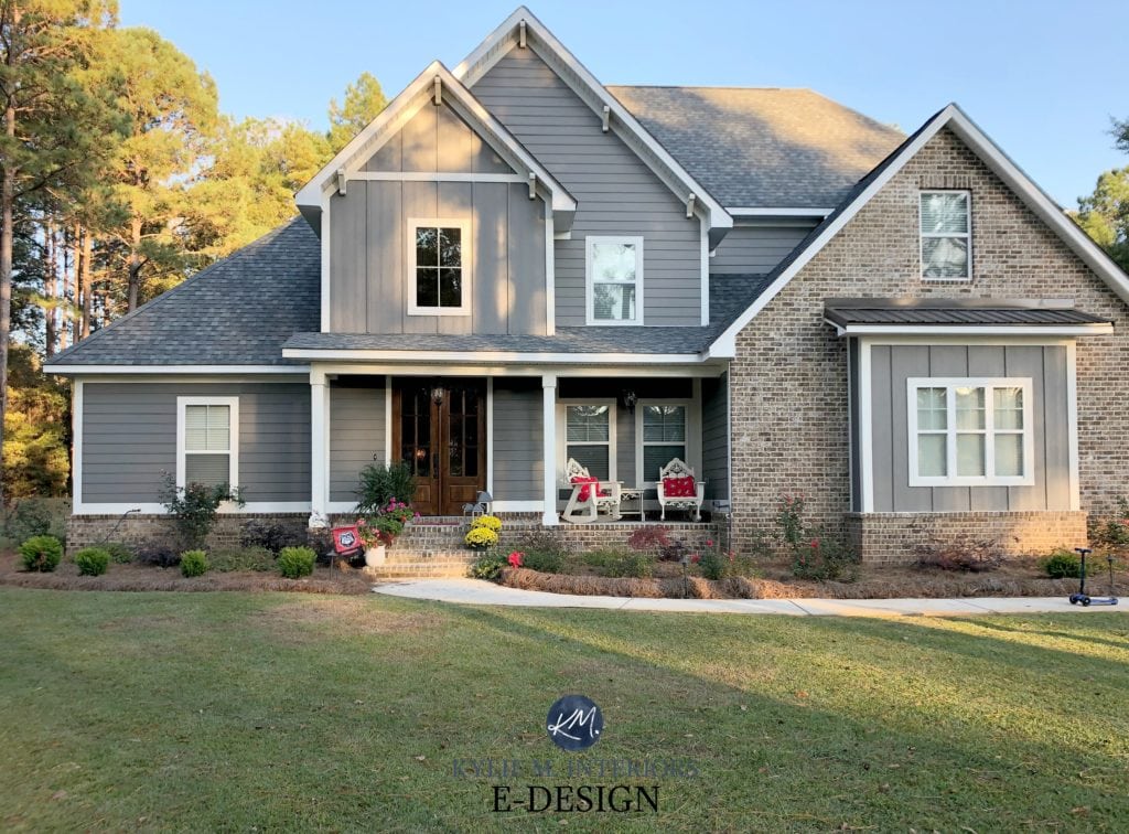 Exterior, Sherwin Williams Gauntlet Gray, gray roof and gables. Wood shutters minwax, brown brick, white trim. Kylie M Interiors Edesign, online paint color consulting