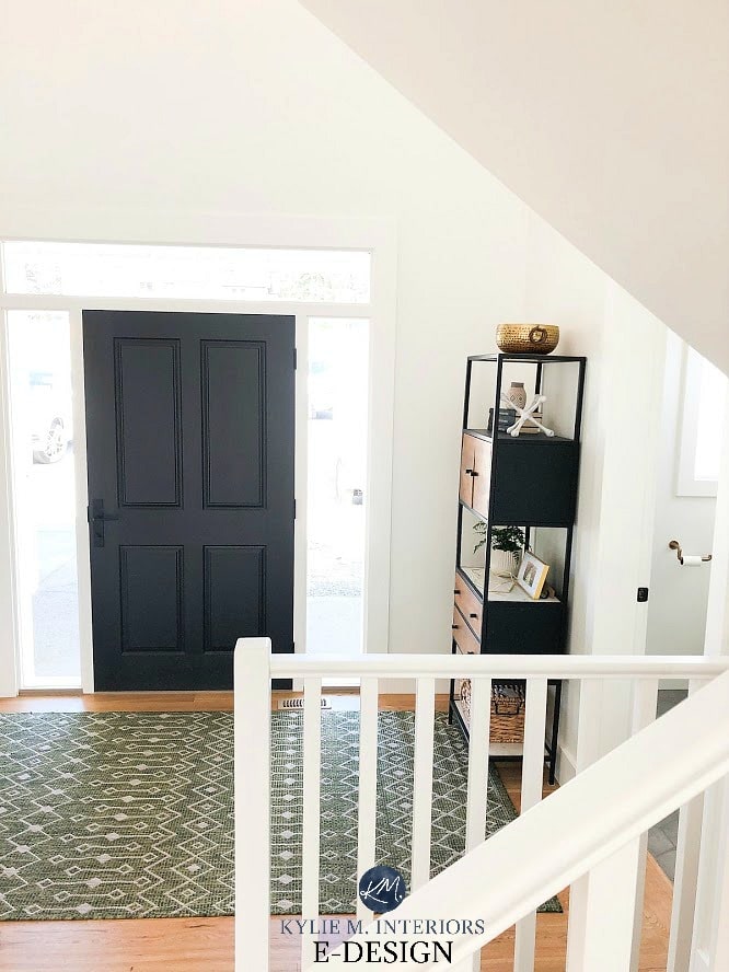 Entryway with front door in Tricorn Black, Pure White walls, Sherwin Williams. Kylie M Interiors Edesign, online paint color consult, diy home decorating ideas