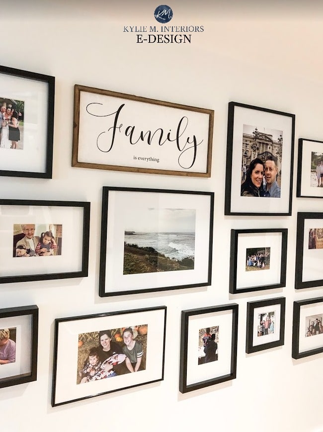 Gallery wall in family room. Kylie M Interiors Edesign online decorating and DIY home design ideas