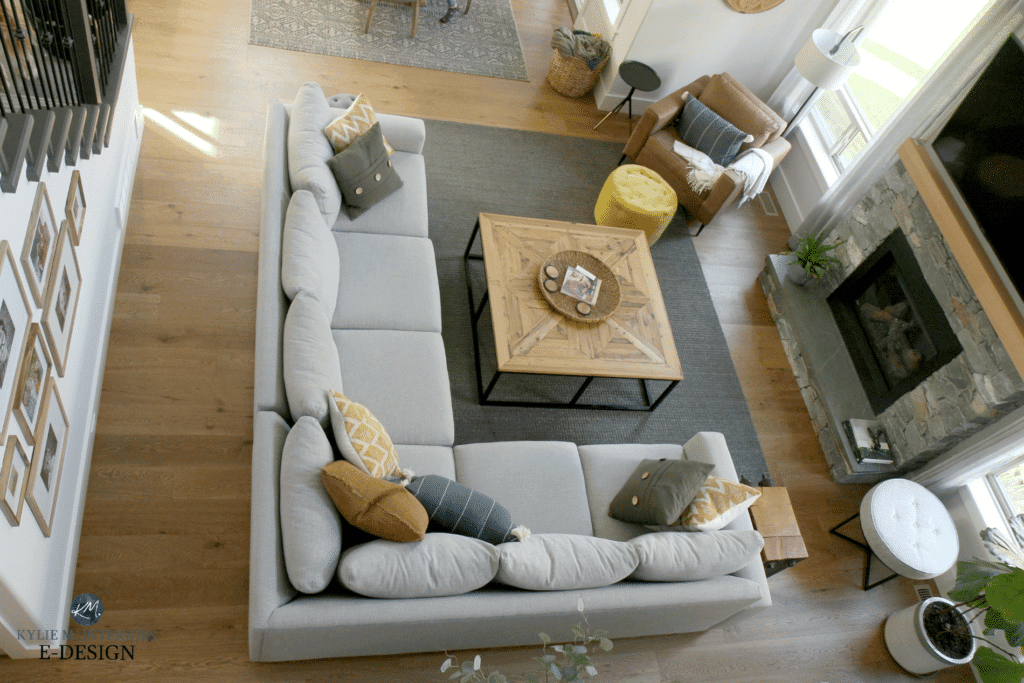 Gray sectional in Living room furniture layout, DIY Decorating and design ideas, stone fireplace, shiplap, TV. Tall ceilings, Benjamin Edgecomb Gray best greige. Sherwin Ellie Gray Kylie M Interiors