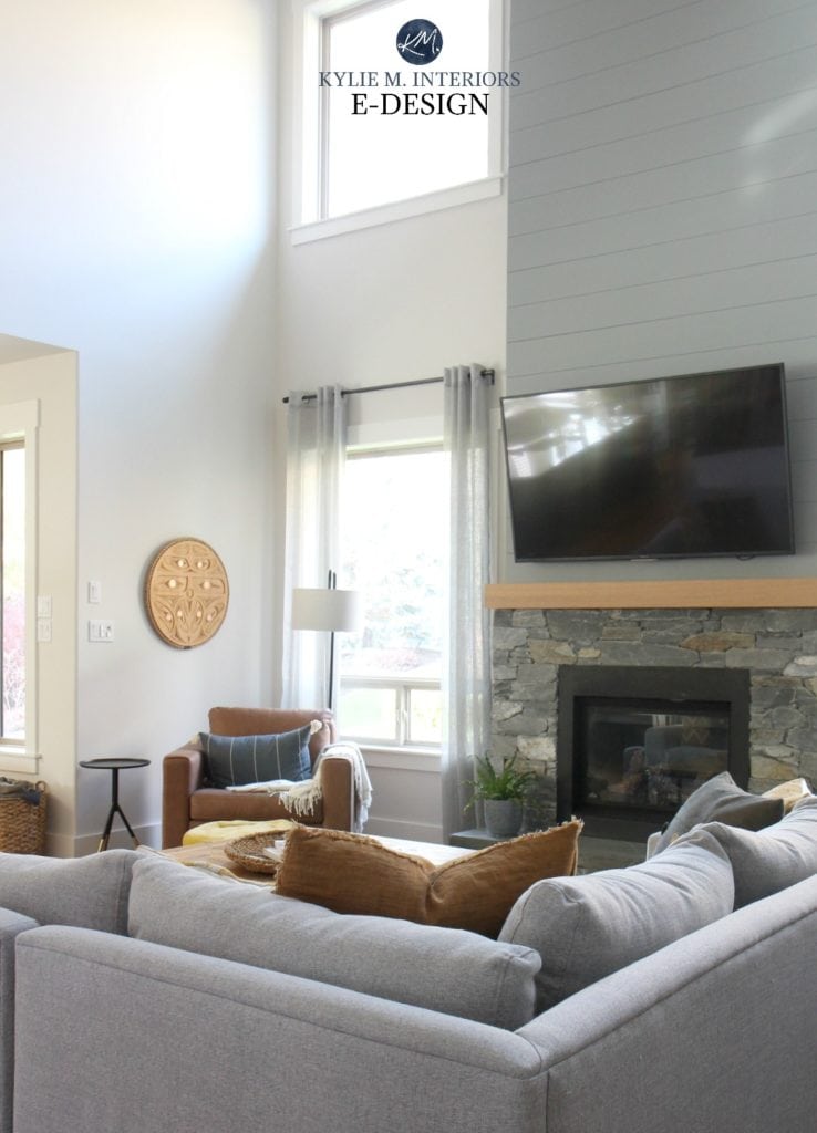 Living room, stone fireplace, shiplap, TV. Tall ceilings, Benjamin Edgecomb Gray best greige. Sherwin Ellie Gray Kylie M Interiors Edesign, online expert 