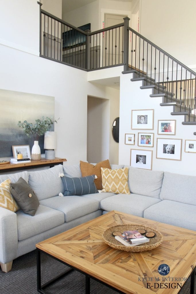 Living room, tall ceiling, vaulted, Benjamin Moore Edgecomb Gray best greige and White Dove. Sherwin Urbane Bronze painted stair railing. Kylie M Interiors Edesign, DIY Decorating, color ideas
