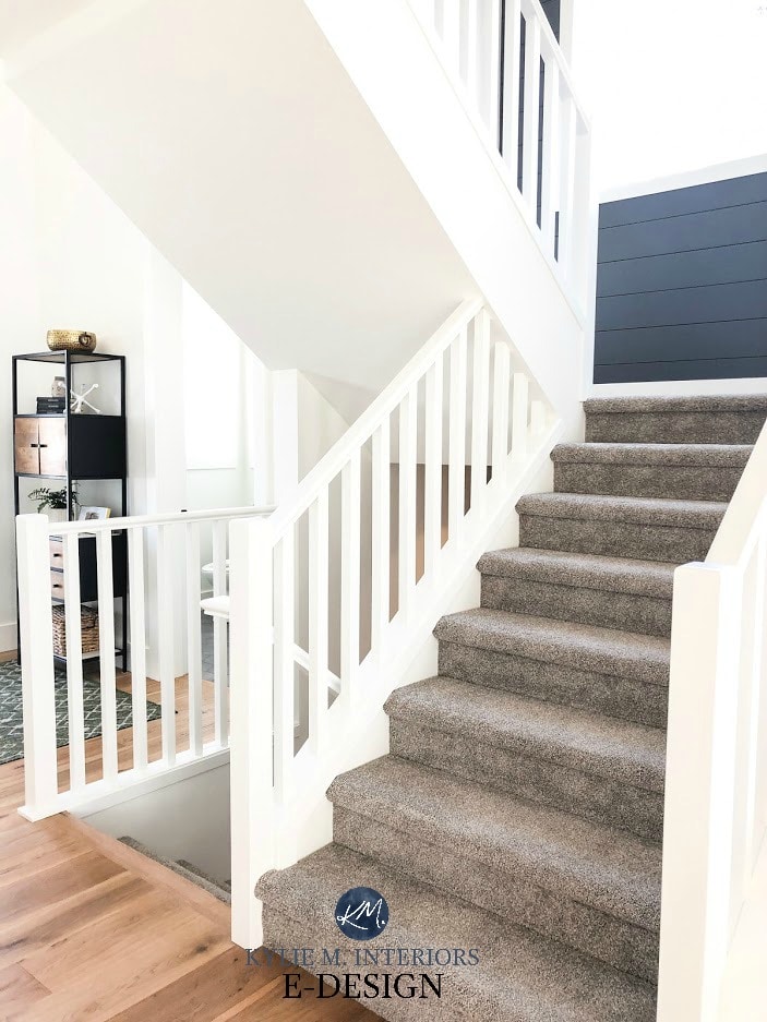 Pure White with gray carpet stairs, white railing, shiplap feature wall in Web Gray. Sherwin Williams. Kylie M Interiors Edesign