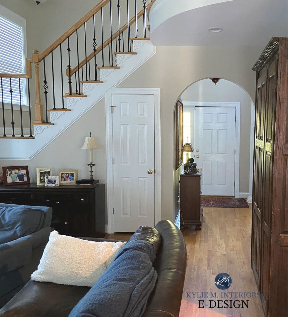 Best beige paint colour with warm oak railing and floor. Sherwin Williams Accessible Beige. Kylie M Interiors Edesign, online paint colour expert