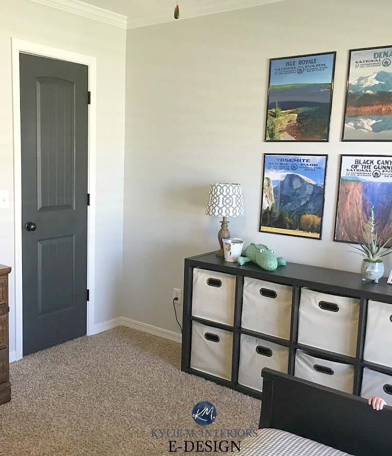 Best gray paint color for boys room. Benjamin Moore Gray Owl with black Iron Ore door. Kylie M Interiors Edesign. Online paint color consultant