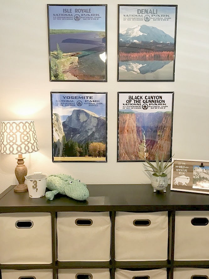 Cute idea for boys room with gallery wall and storage. Benjamin Moore Gray Owl. Kylie M Interiors Edesign, online paint color consultant
