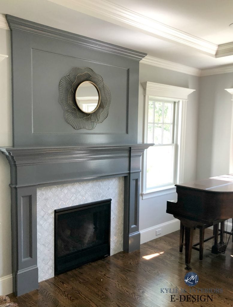 Fireplace idea marble surround and mantle painted Benjamin Moore Gray dark oak flooring, gray paint color on walls. Kylie M INteriors Edesign, online paint color consultant,