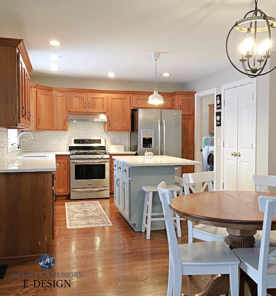 Ideas to update oak wood kitchen cabinets with countertop, subway tile, painted island, Kylie M Interiors Edesign, paint color advice blogge