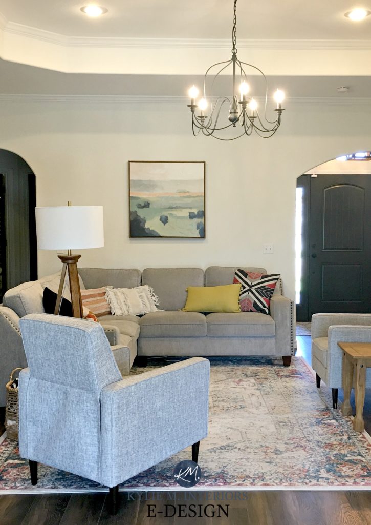 Kylie M Interiors Edesign, living room, Sherwin Williams Pearly White, best off white paint oclour, black front door Online paint color specialist