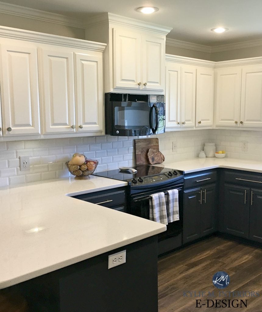 Kylie M Interiors Edesign, oak cabinets painted Sherwin Williams Pure White Cybersapce, white quartz countertop subway tile backsplash. Black appliances. Agreeable Gray paint color