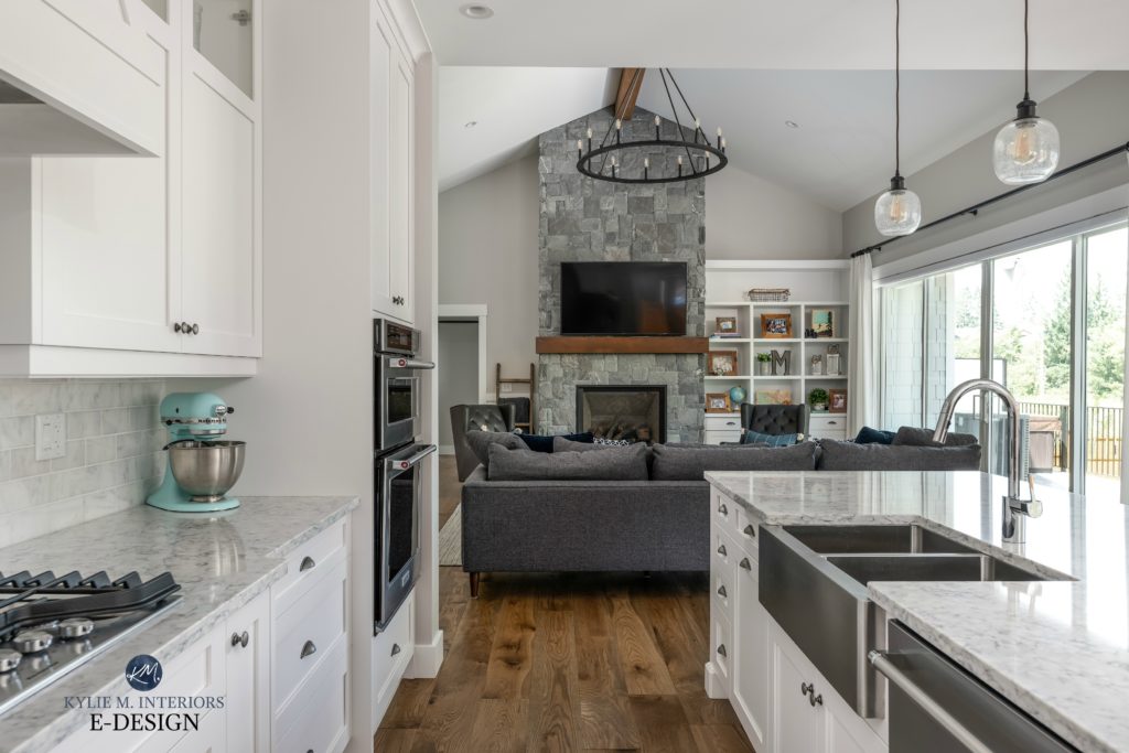 Open concept kitchen and living room, Stonington Gray, stone fireplace K2. Kylie M INteriors Edesign. Vaulted ceiling