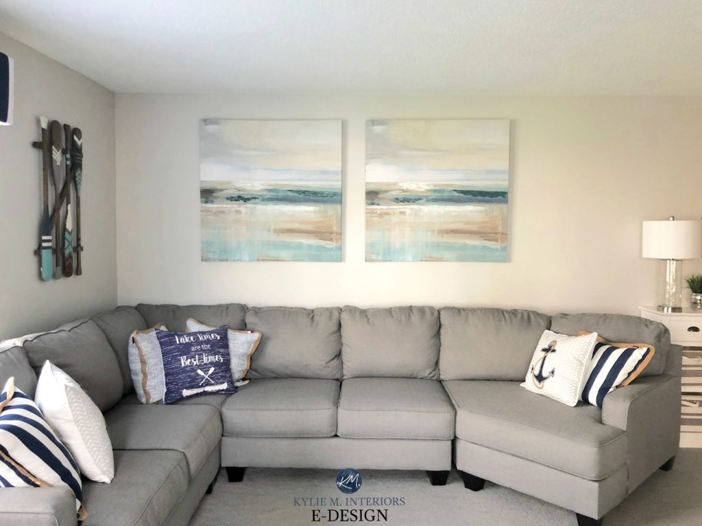 Sherwin Williams On the Rocks gray paint color, grey sectional with carpet. Coastal and beach style or theme room decor. Kylie M Interiors Edesign, online paint color consulting blog