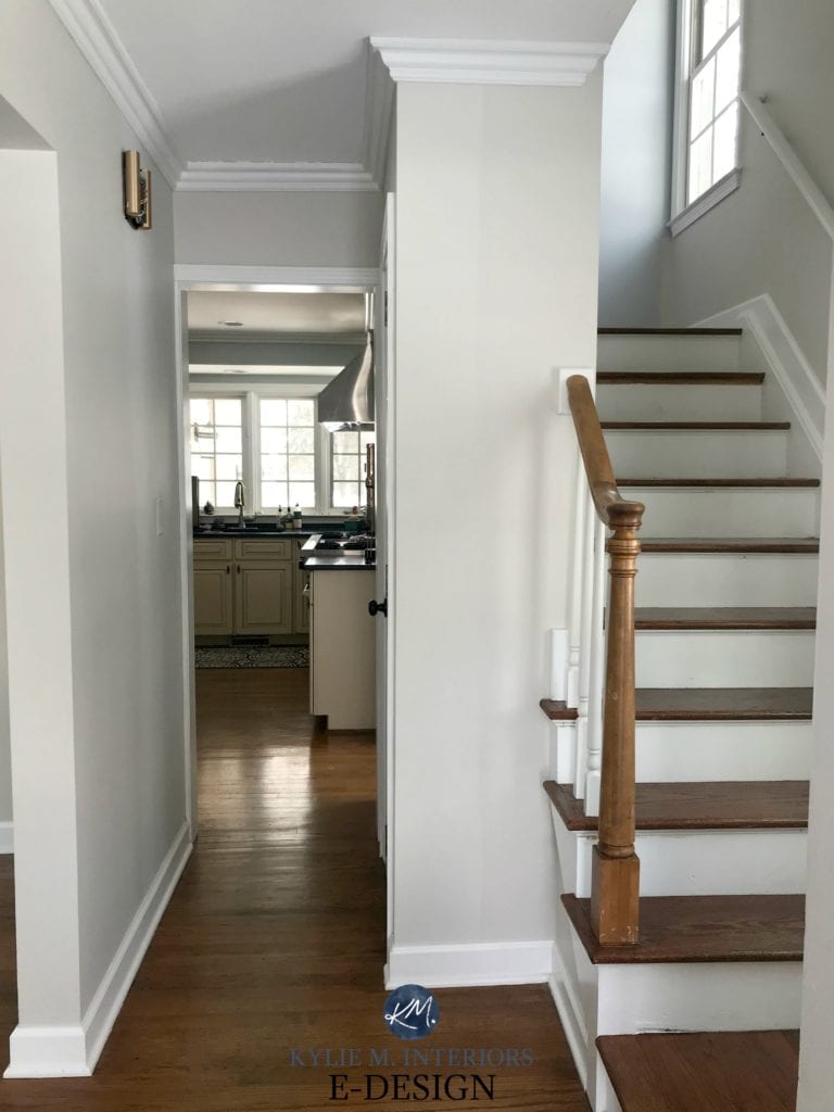 Benjamin Moore Balboa Mist, entryway and stairs, dark wood flooring and railing. White trim. Best warm gray taupe paint colour. Kylie M Interiors Edesign, online paint colour consulting