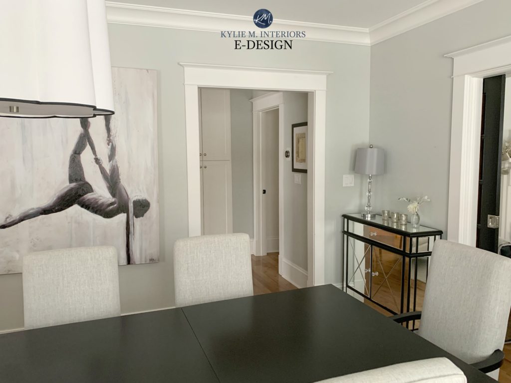 Benjamin Moore Gray Owl, best gray paint colour. Sherwin Williams Alabaster trim white kitchen. Kylie M Interiors Edesign, client photo