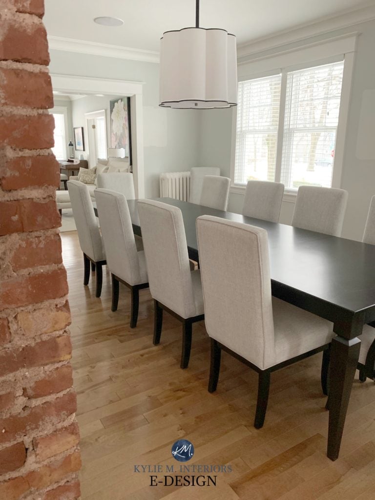 Benjamin Moore Gray Owl, dining room, maple flooring with brick accent walls, Sherwin Alabaster trim. Kylie M Interiors Edesign. client photo