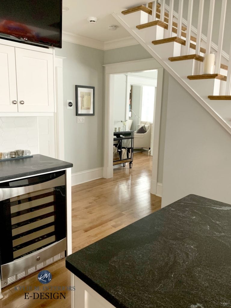 Benjamin Moore Gray Owl, maple flooring, black granite countertop, Sherwin Williams Alabaster trim. Kylie M Interiors Edesign, client photo