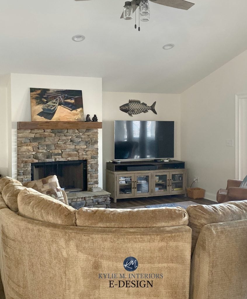 Benjamin Moore White Down, warm brown stone fireplace and gold sectional. Best cream paint colour. Kylie M Interiors Edesign, online paint colour advice