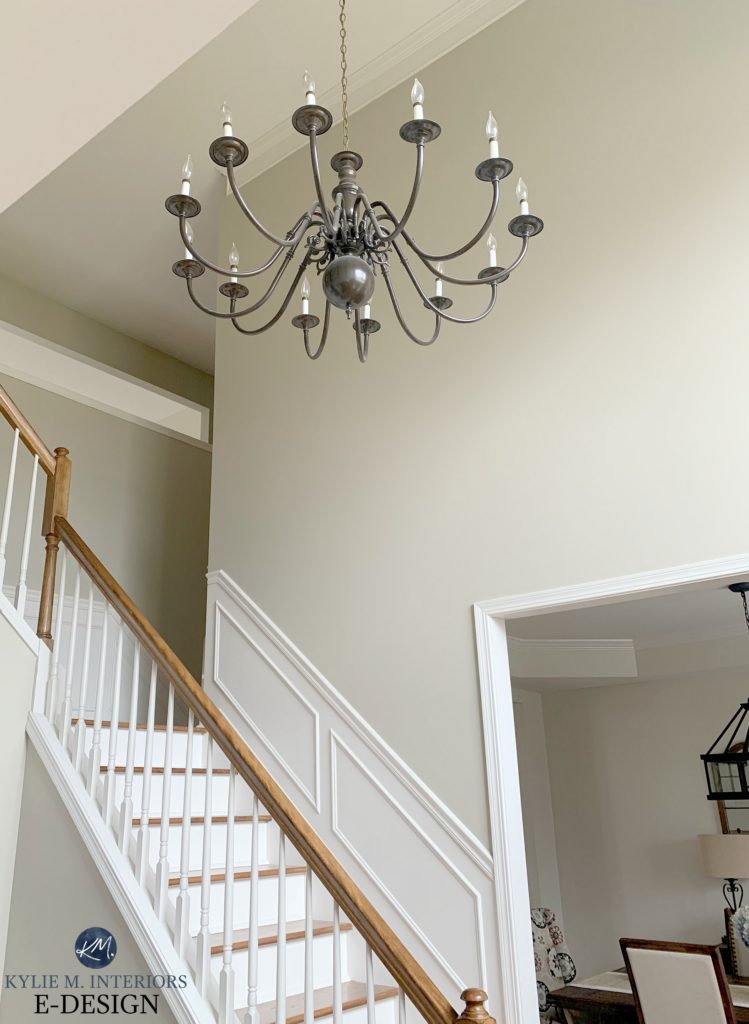 Best beige paint colour, Benjamin Moore Grant Beige. Staircase, wood and white. Kylie M Interiors Edesign, online paint color advice blog