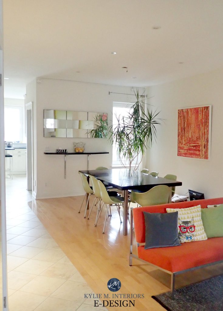 Best cream paint colour, Benjamin Moore Navajo White with beige tile and lime green and orange accents. Kylie M Edesign, online paint color advice