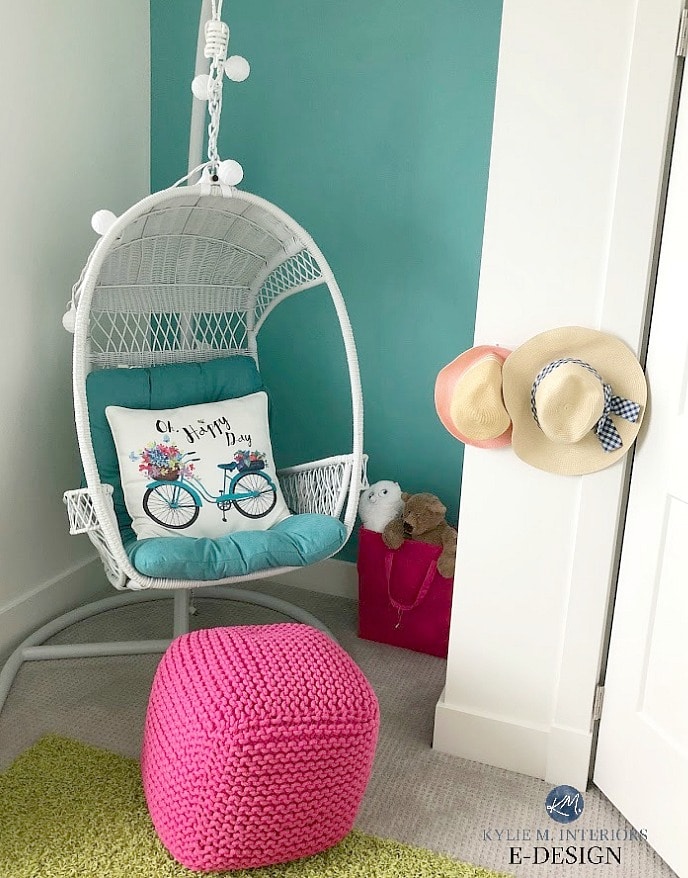Best teal paint colour, Sherwin Williams Cloudburst and White Dove. Kids girls room with accent wall and hanging chair. Kylie M Interiors Edesign, online paint color consultant