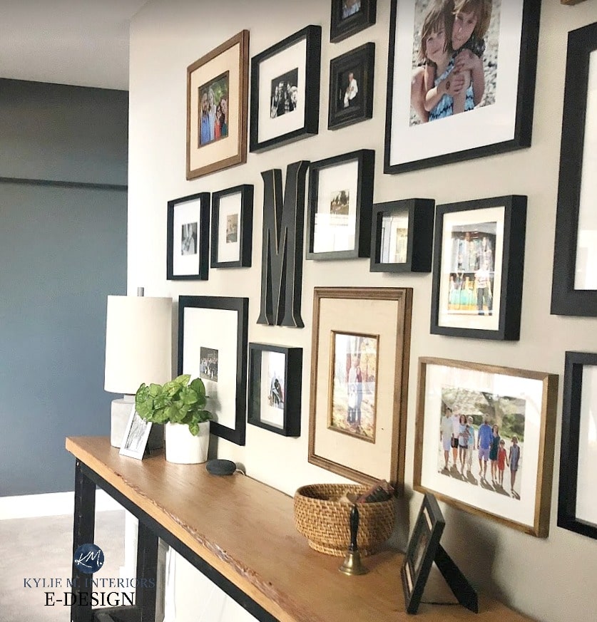 Family gallery wall, Sherwin Williams Colonnade Gray and Grizzle Gray. Kylie M Interiors Edesign, online paint color blog and advice