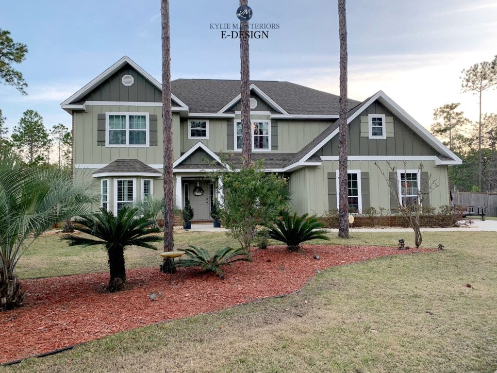 Green exterior siding paint colour palette. Benjamin Moore Cypress Green, Forest Floor, Pure White. 2 storey, gray roof. Kylie M Interiors Edesign, online paint color advice blog and virtual help