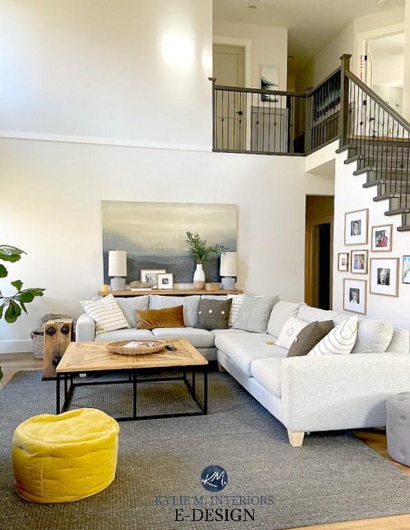 Ideas for how to redecorate or design a room for no money. Budget friendly and affordable tips. Living room with gray sectional. Kylie M Interiors Edesign, online paint color expert