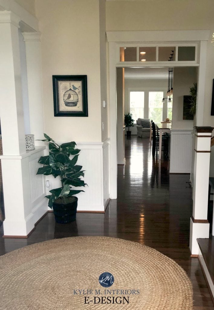 Sherwin Williams Antique White, north facing foyer, Sherwin Alabaster white wainscoting, dark wood flooring and some trim. Kylie M Interiors Edesign