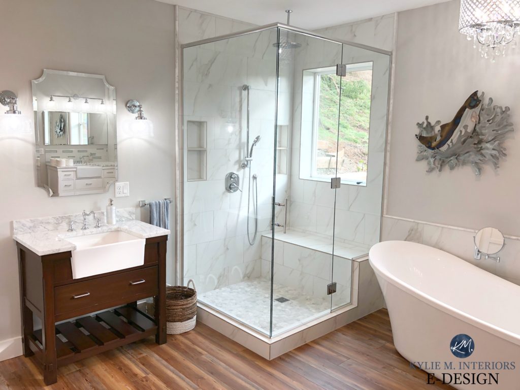 Sherwin Williams Big Chill, best grey paint color. walk in shower, marble, wood floor, Kylie M INteriors Edesign, online paint colour consulting