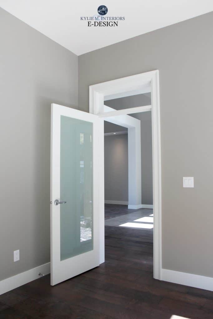Sherwin Williams Fawn Brindle, best taupe greige paint colour, green undertones, white trim, dark wood floor. Kylie M Interiors Edesign, Online paint color and decor blog