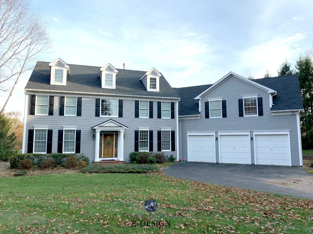 Sherwin Williams Gray Shingle, Extra White trim.