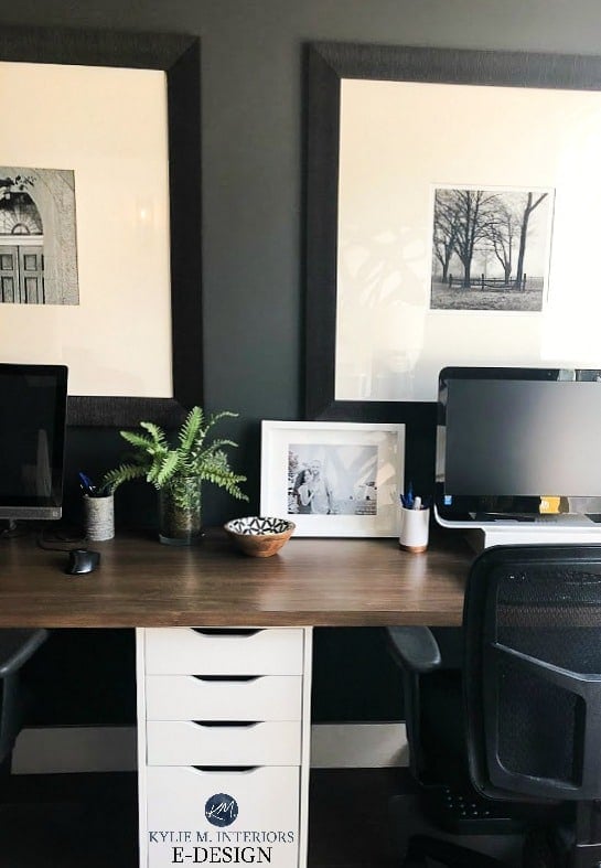 Sherwin Williams Iron Ore in a home office (soft black), Ikea Alex drawers