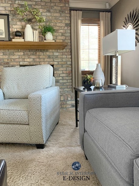 Taupe brick brick fireplace, mantle with home decor, taupe beige carpet. Kylie M Interiors Edesign, online paint color consultant