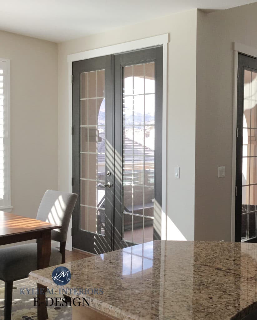 Ideas to update granite countertop with paint colour, Sherwin Williams Canvas Tan and Black Fox. Kylie M Interiors Edesign, diy decor and design expert