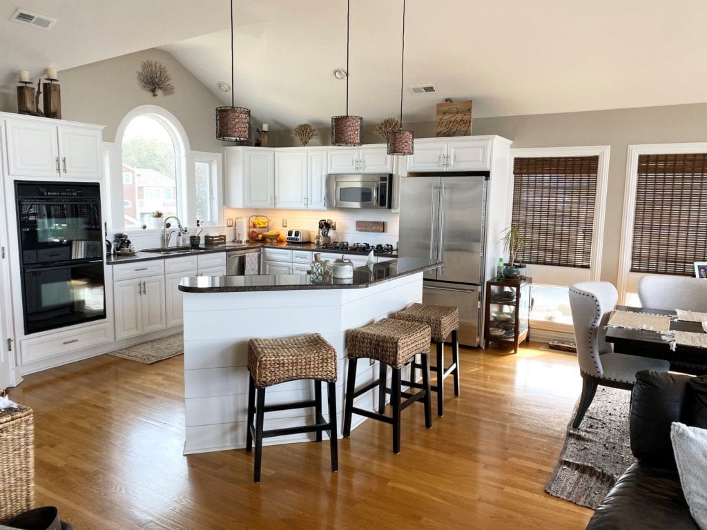 Painted maple kitchen cabinets before and after. Similar to Benjamin White Dove. Kylie M Interiors Edesign online advice to update