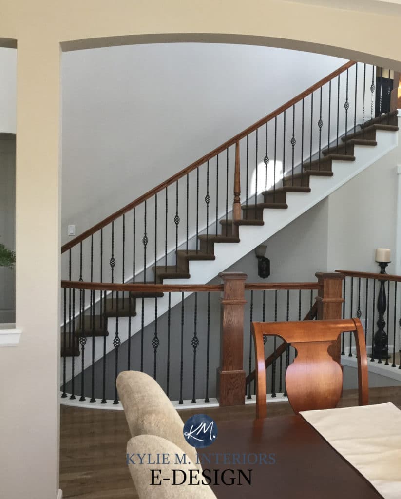 Sherwin Williams Canvas Tan, best neutral paint clour, staircase, red-toned wood, arched doorway. Kylie M Interiors Edesign