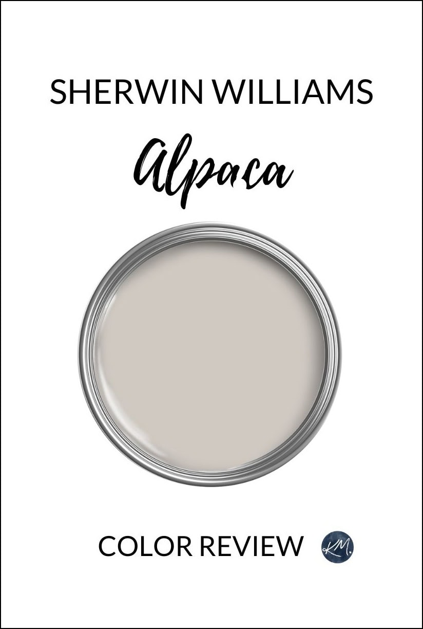 paint color review of warm gray taupe paint color, Sherwin Williams Alpaca, undertones, white trim and more