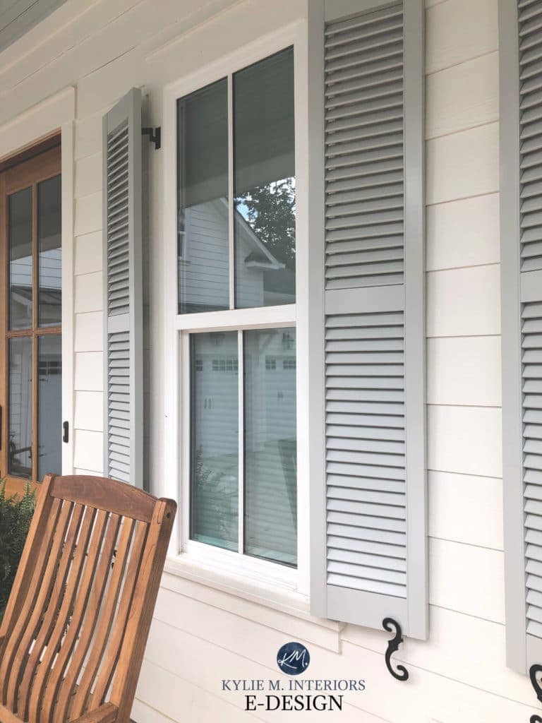 Alabaster exterior home, shutters, Sherwin Williams Aloof Gray, green gray. Kylie M Interiors Edesign, modern farmhouse exterior