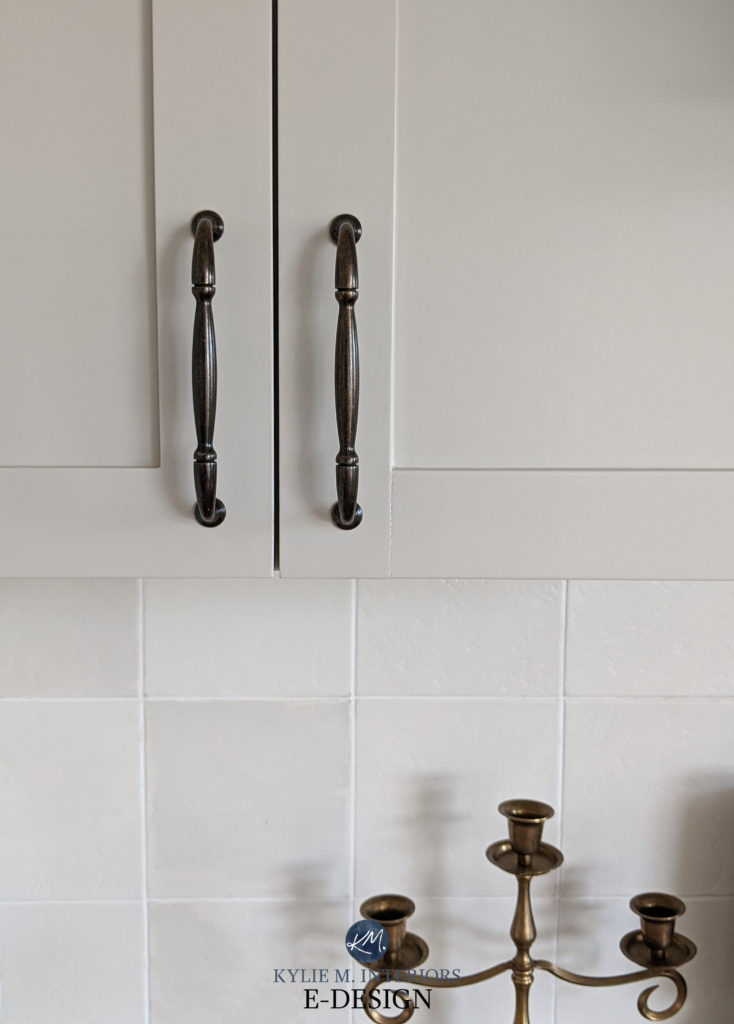 DIY hand painted backsplash tiles. Painted wood cabinets, Sherwin Agreeable Gray. Kylie M Interiors Edesign, online decorating and color advice