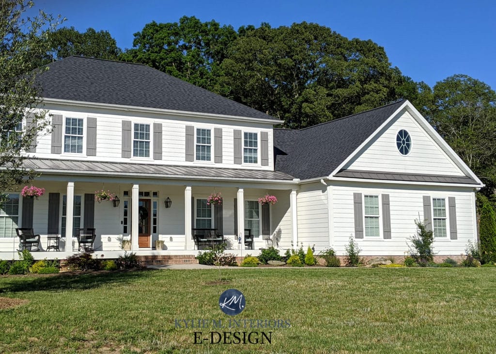 Exterior, best white paint color, Sherwin Alabaster. Gray Dovetail shutters, pink toned brick. Kylie M Interiors Edesign, online paint color consulting